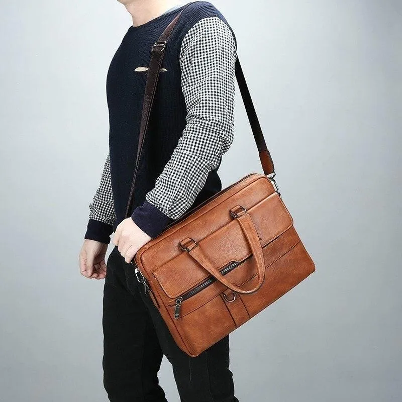 15.6 Inch Laptop Men's Business Briefcase Leather Messenger Bag