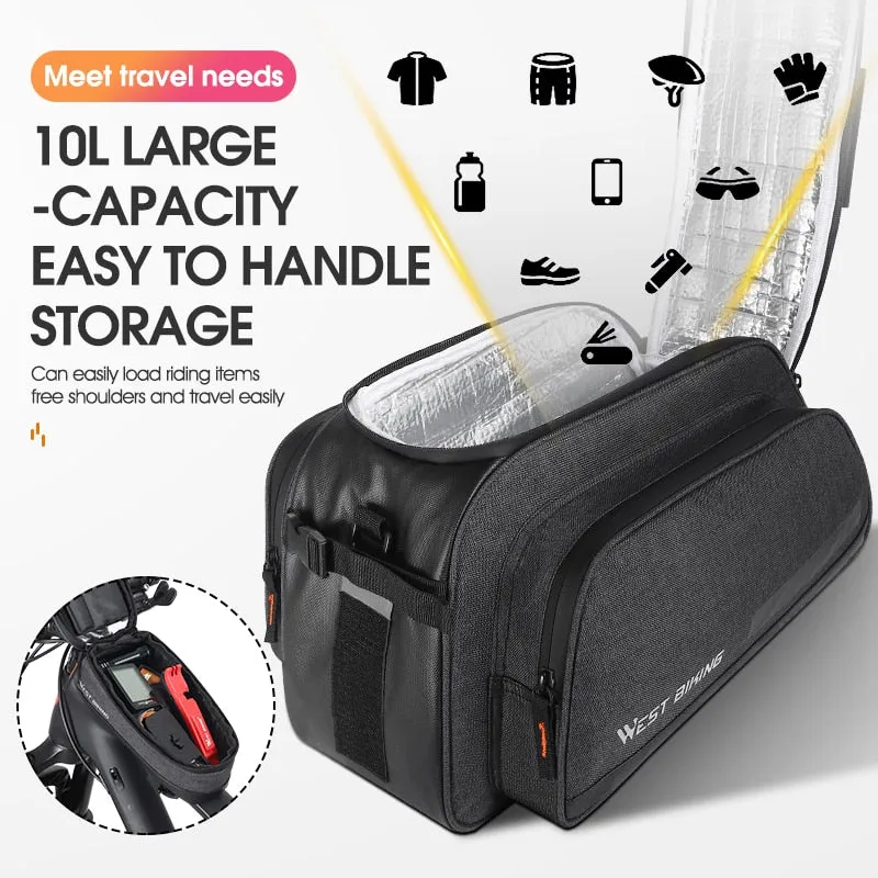 2 in 1 Bicycle Bag 10L Large Capacity Insulated Trunk Bag   1.5L Touch Screen Phone Bag MTB Bike Cycling Pannier