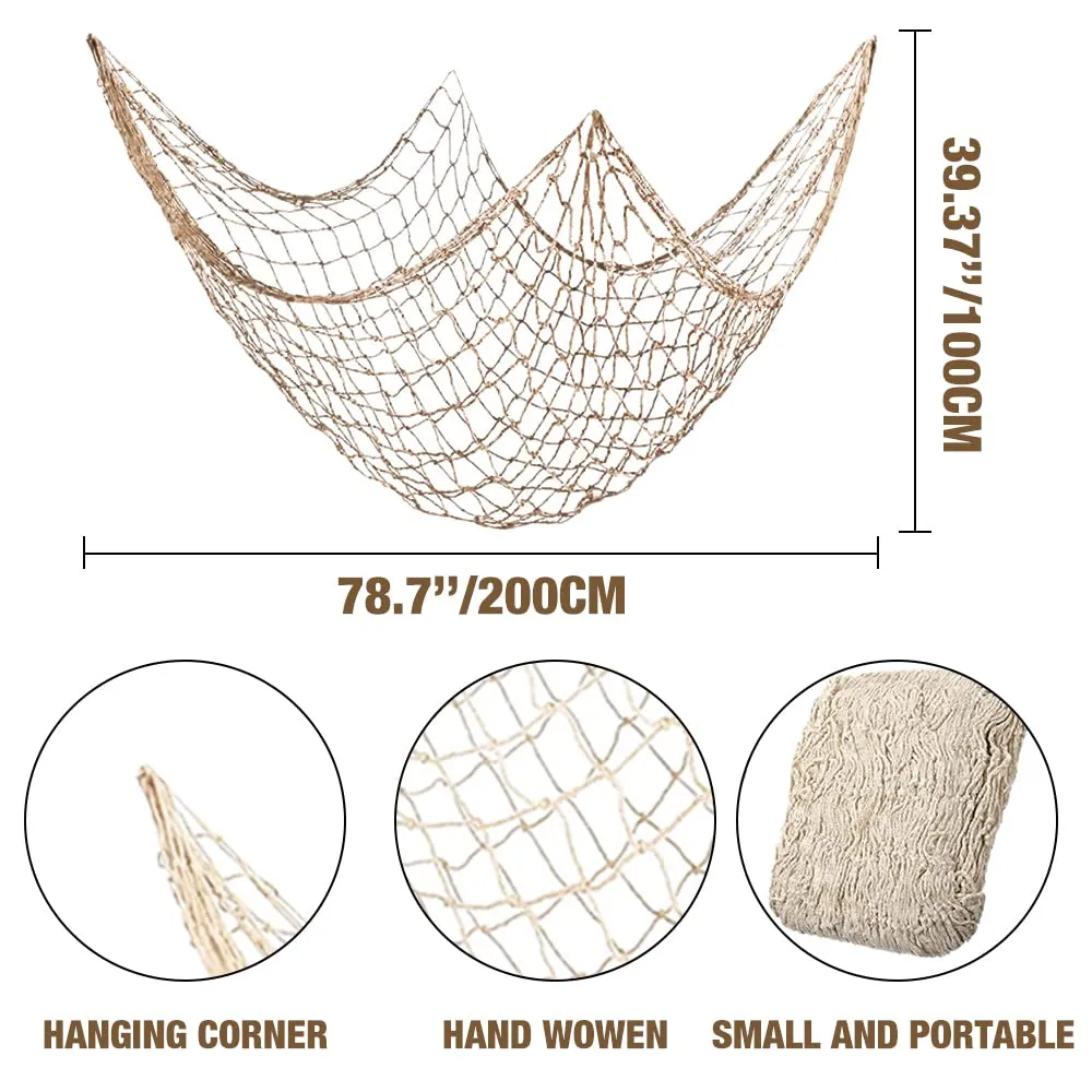 2 Pack Fish Net Decorations for Party,Natural Cotton Hawaiian Party Fishing Net Decorative, Nautical Themed Cotton Fishnet Pirate Party Decor