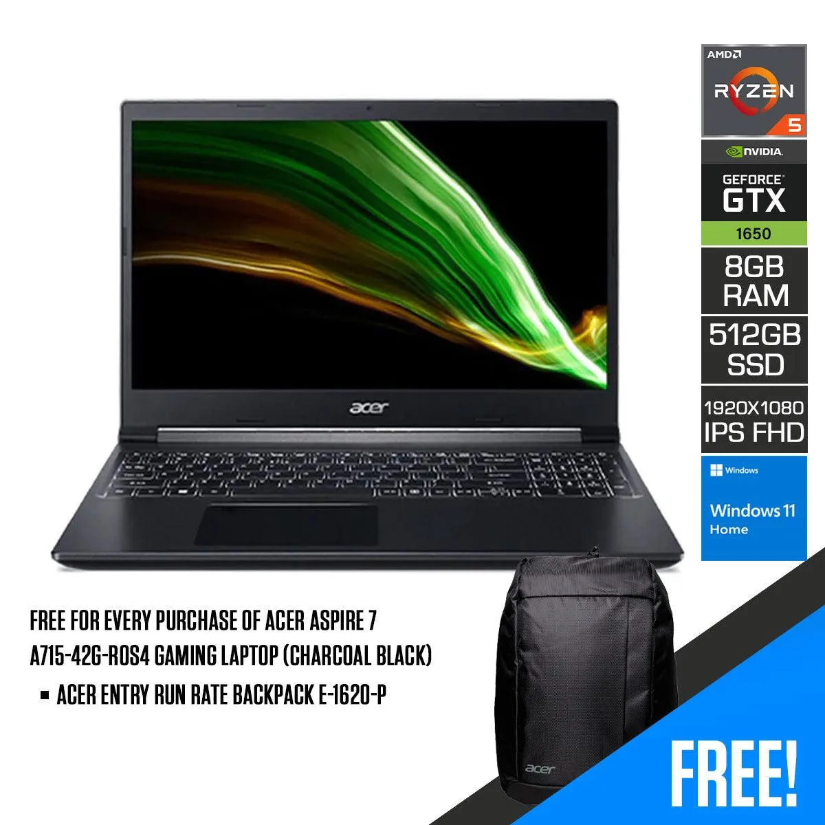 Black ACER Aspire 7 Gaming Laptop | 15.6 Full HD IPS Display | AMD Ryzen 5 Chip | 8GB DDR4 RAM | 512GB SSD Storage | GeForce GTX 1650 GPU | Windows 11 Home | Includes ACER Entry Run Rate Backpack E-1620-P