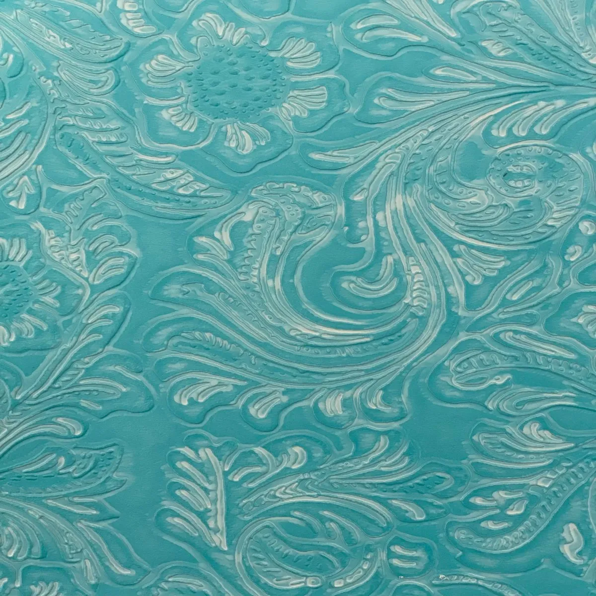 Aqua Blue Western Floral PU Faux Leather Vinyl Fabric