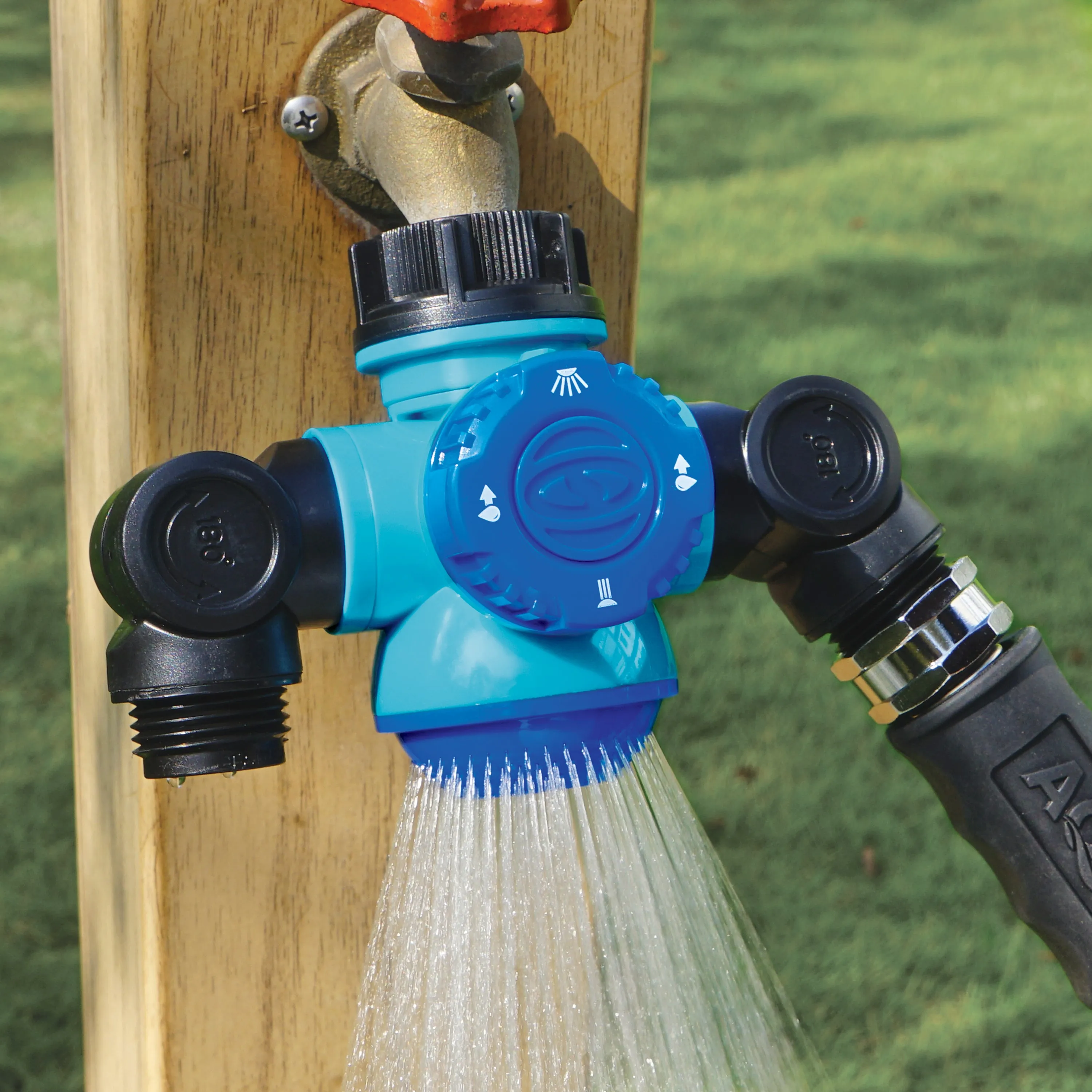 Aqua Joe SJI-MFGA2 Multi-Function Outdoor Faucet & Dual Garden Hose Tap Connector