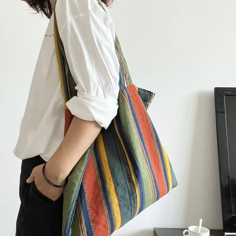 Babakud Retro Rainbow Striped Cotton Linen Shoulder Bag