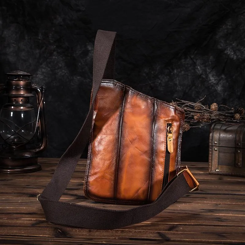 Badass Leather Sling Bag Men's Small Sling Pack Tan Sling Backpack Small Courier Bag For Men