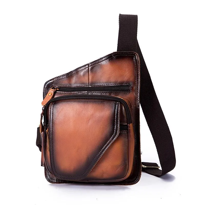 Badass Leather Sling Bag Men's Small Sling Pack Tan Sling Backpack Small Courier Bag For Men