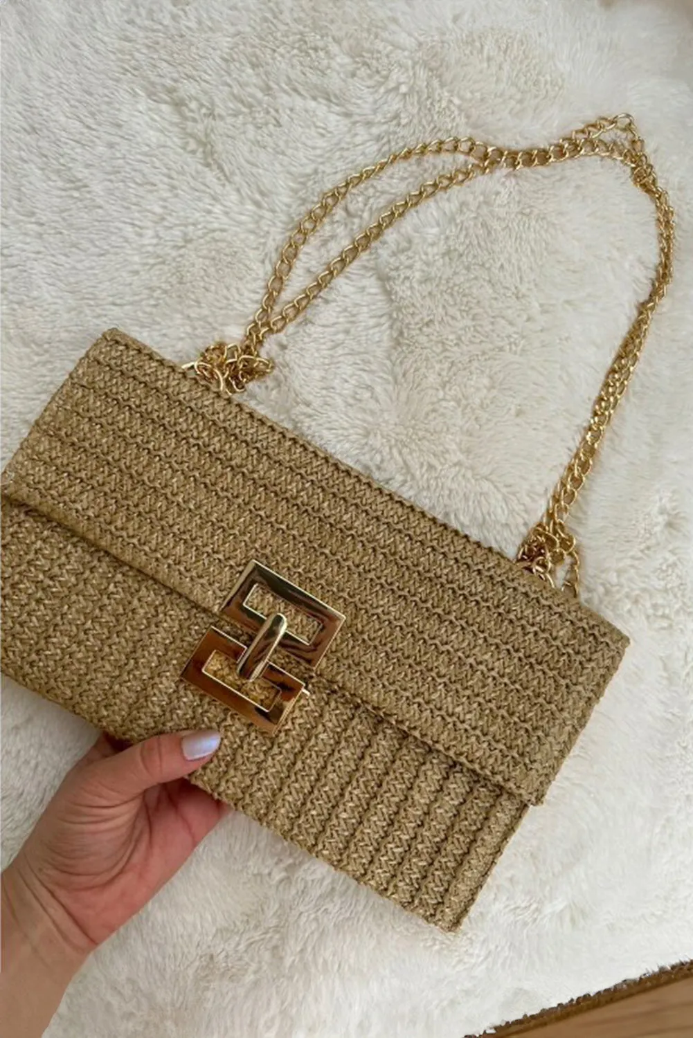 Beige Minimalist Braided Flap Chain Strap Shoulder Bag