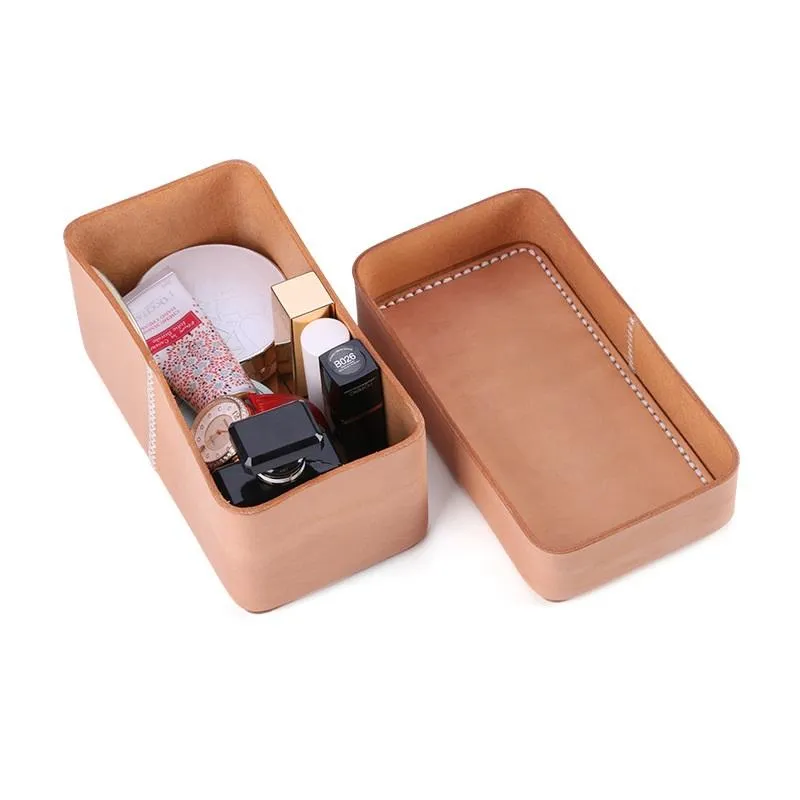 Beige Womens Leather Storage Box Portable Cosmetic Bag Multifunctional Clutch Box For Men