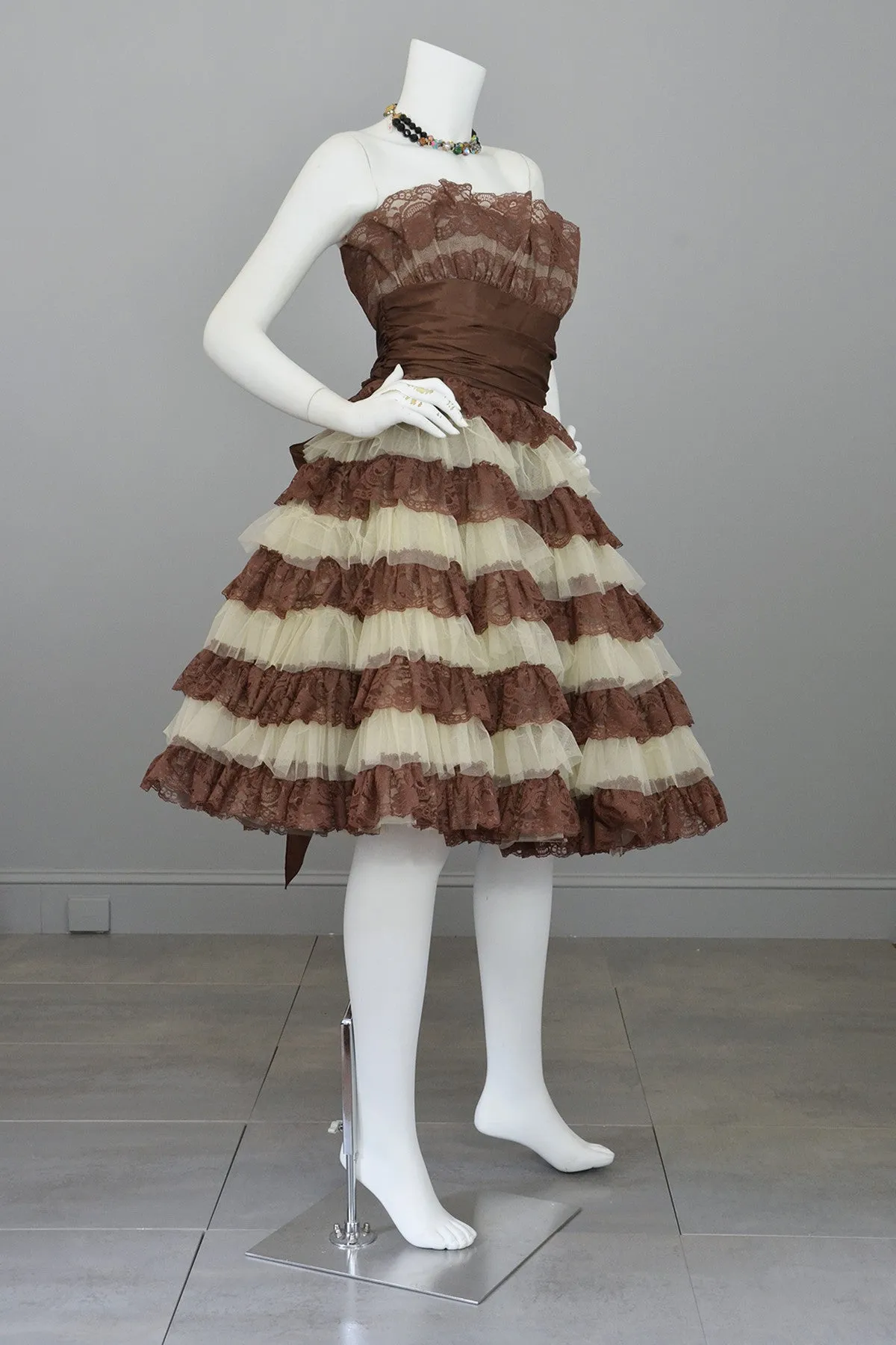 Betsey Johnson 50s Style Brown Tiered Lace Party Prom Pinup Dress