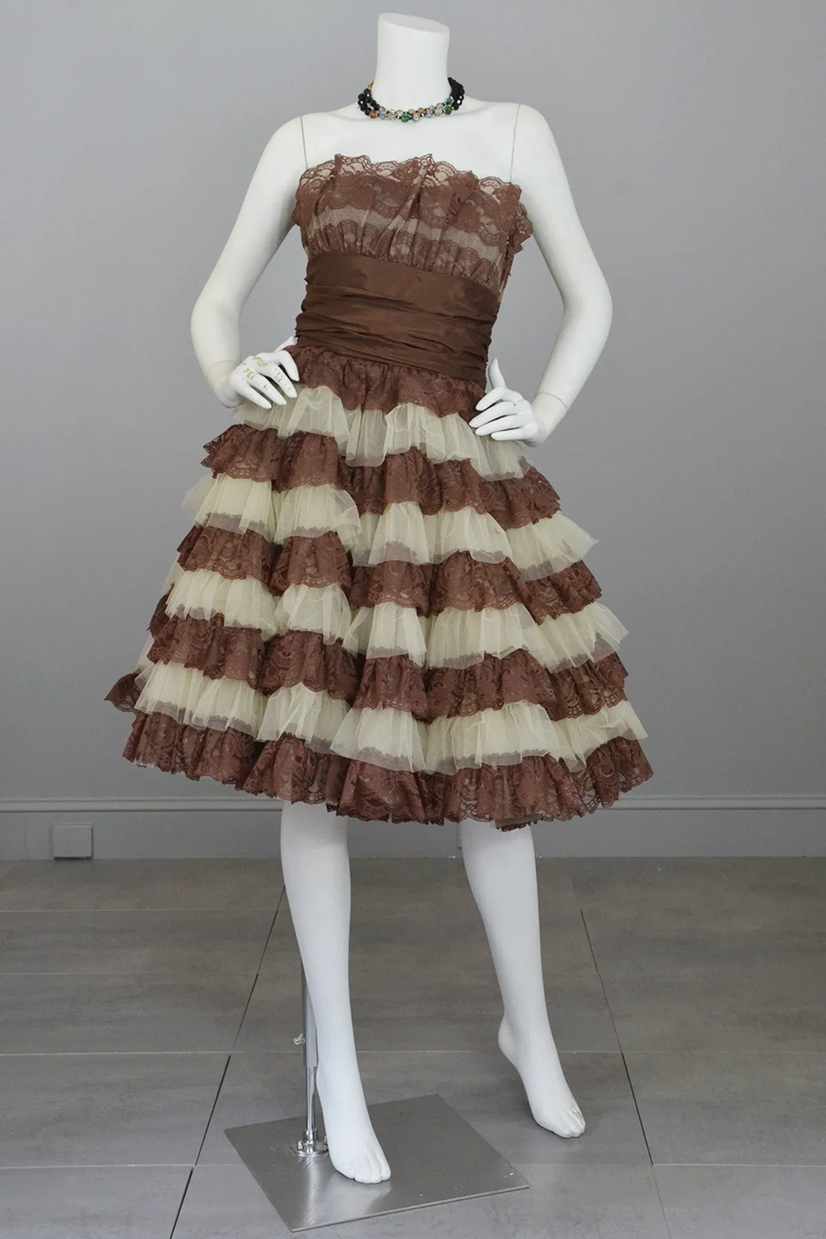 Betsey Johnson 50s Style Brown Tiered Lace Party Prom Pinup Dress