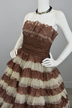 Betsey Johnson 50s Style Brown Tiered Lace Party Prom Pinup Dress