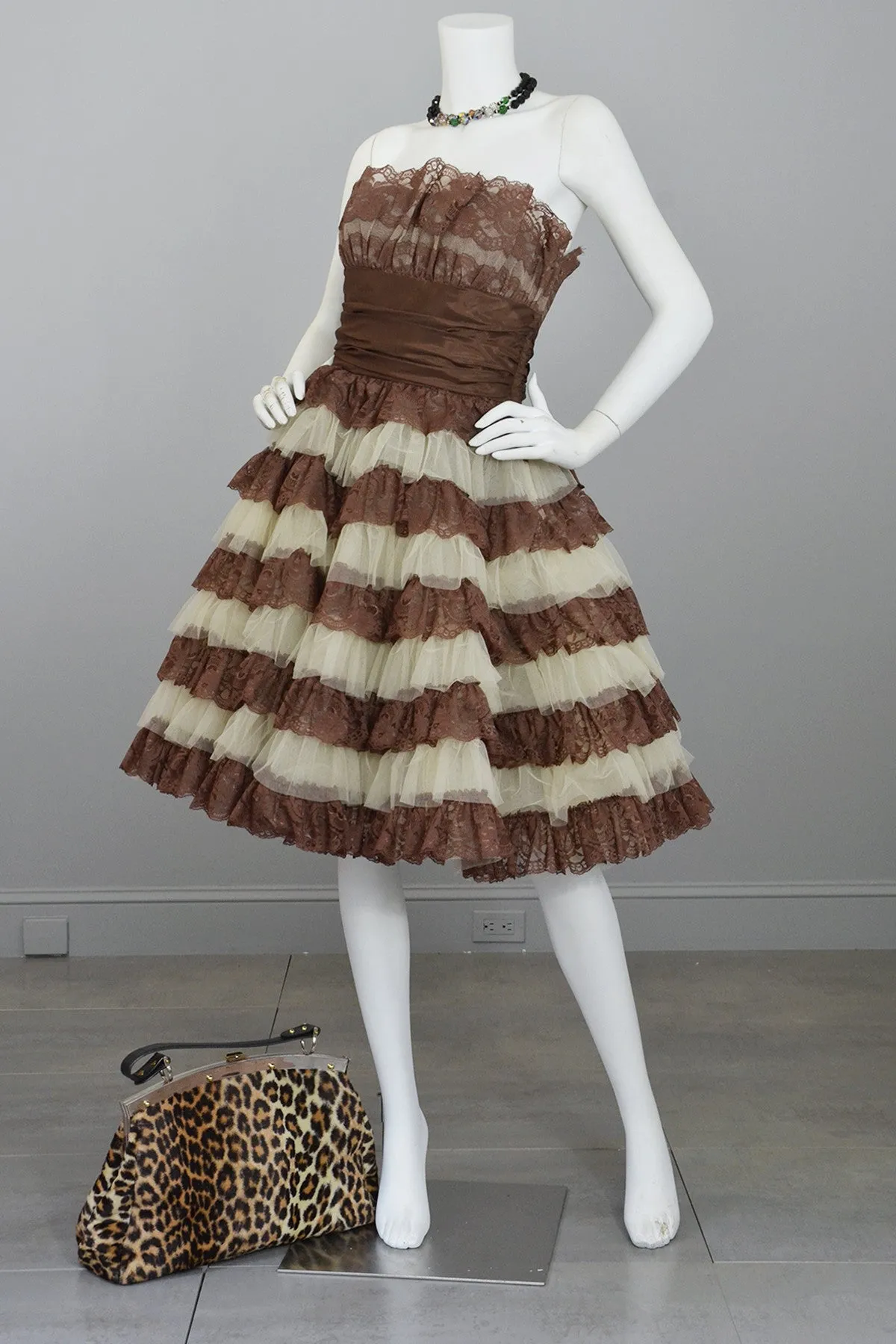 Betsey Johnson 50s Style Brown Tiered Lace Party Prom Pinup Dress