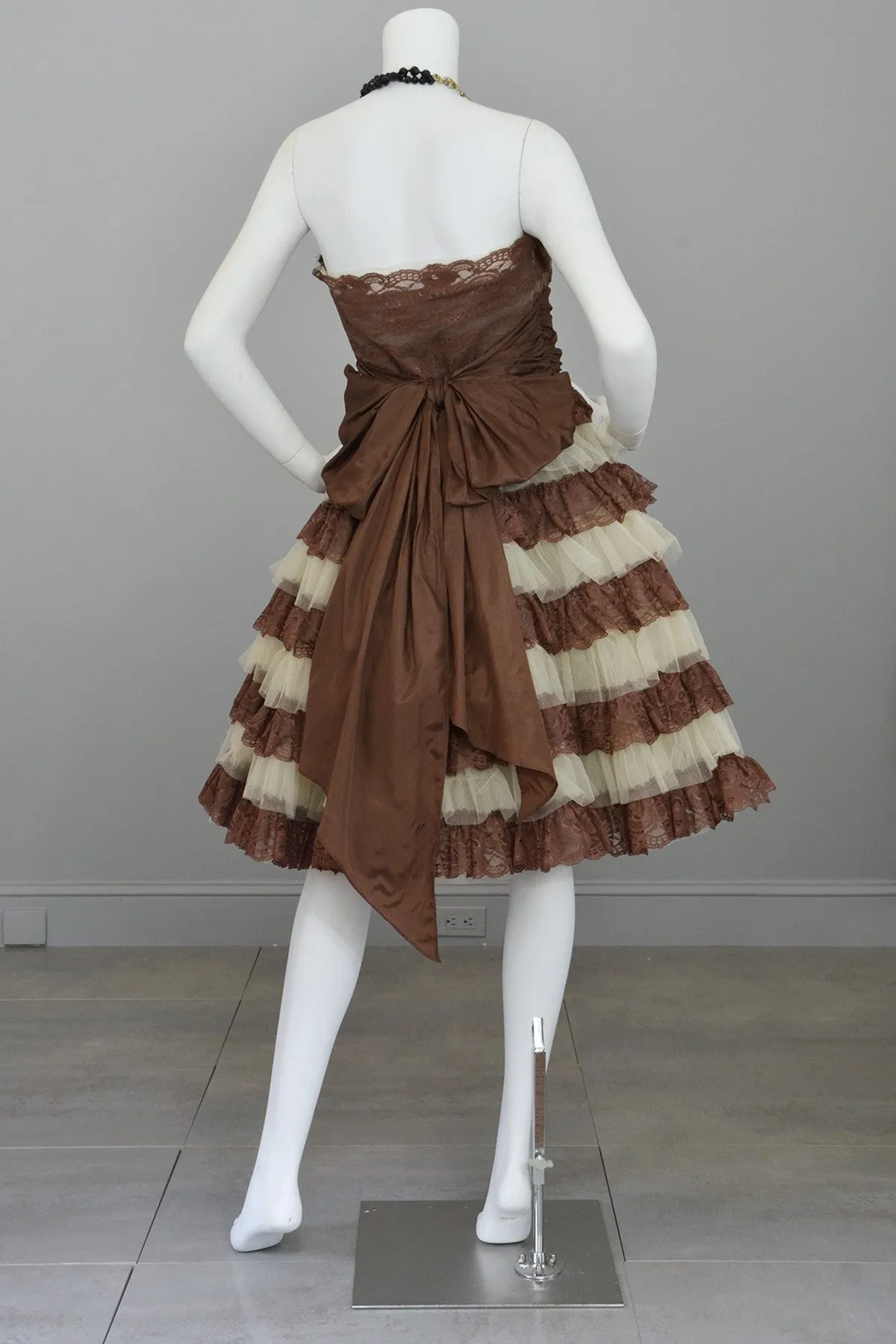 Betsey Johnson 50s Style Brown Tiered Lace Party Prom Pinup Dress