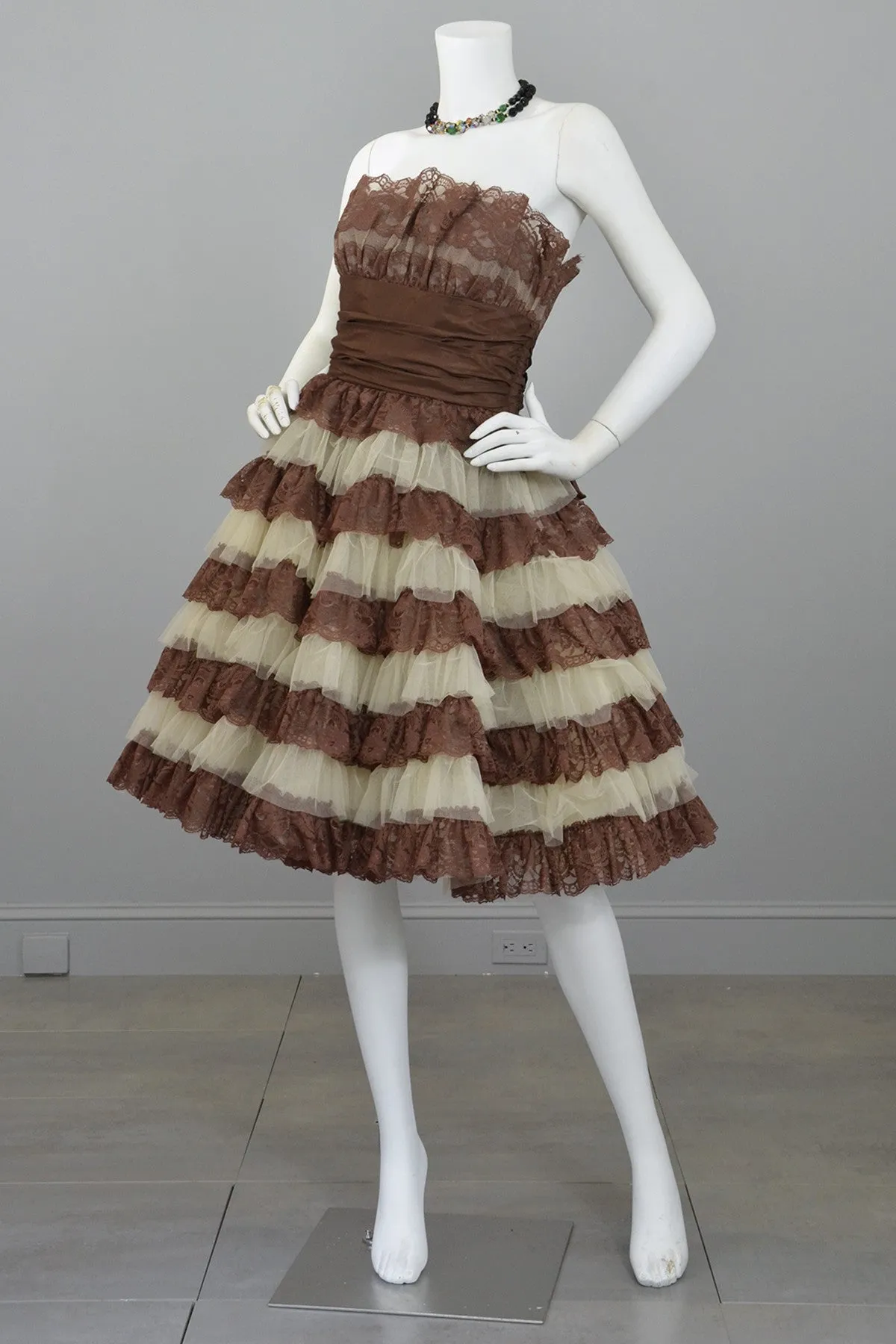 Betsey Johnson 50s Style Brown Tiered Lace Party Prom Pinup Dress