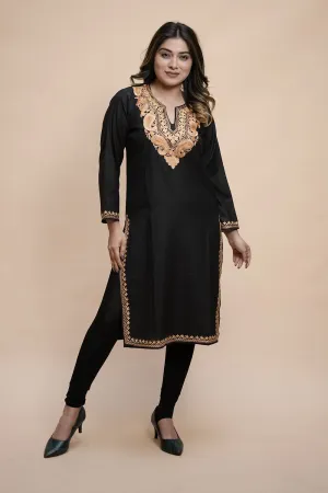 Black Colour Cotton Kurti With Kashmiri Motifs With Latest Fashion Trend.