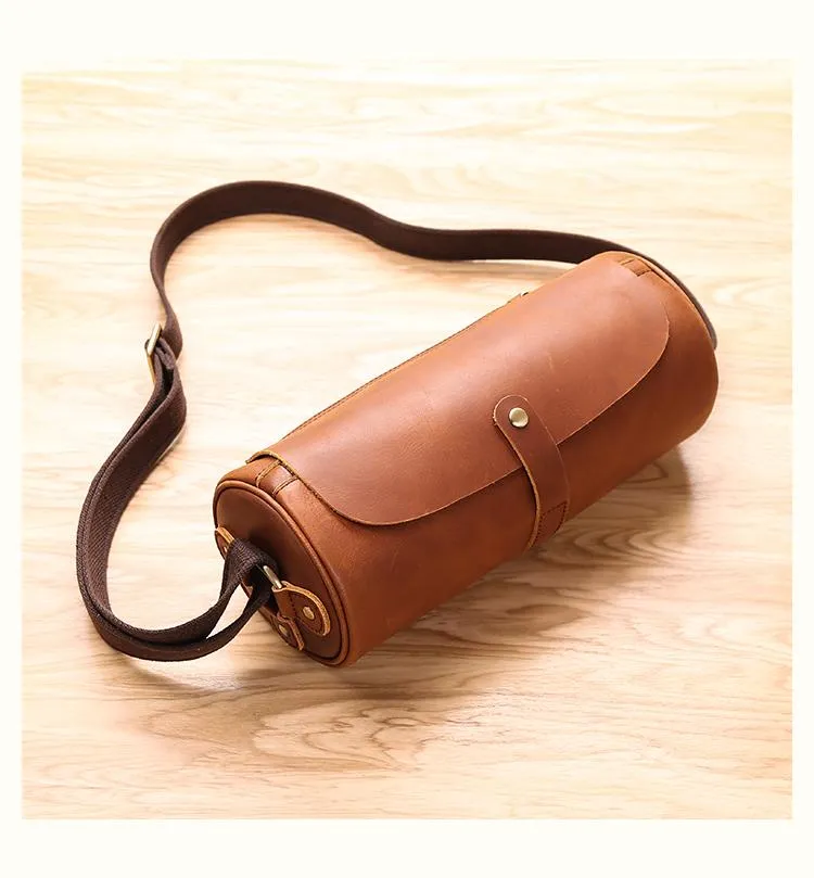 Black Leather Mens Brown Barrel Postman Bag Brown Bucket Messenger Bag Side Bag For Men