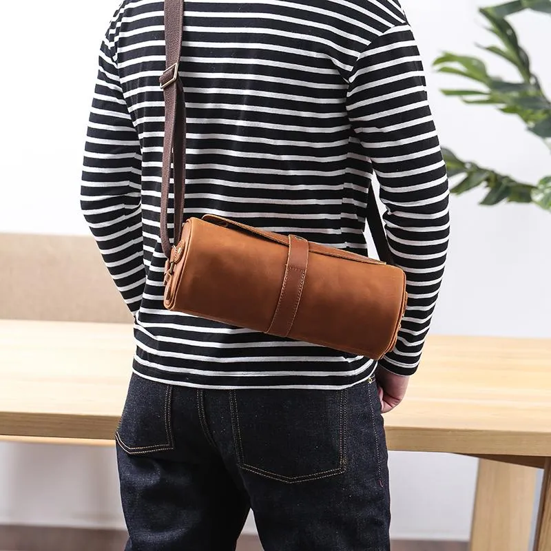 Black Leather Mens Brown Barrel Postman Bag Brown Bucket Messenger Bag Side Bag For Men