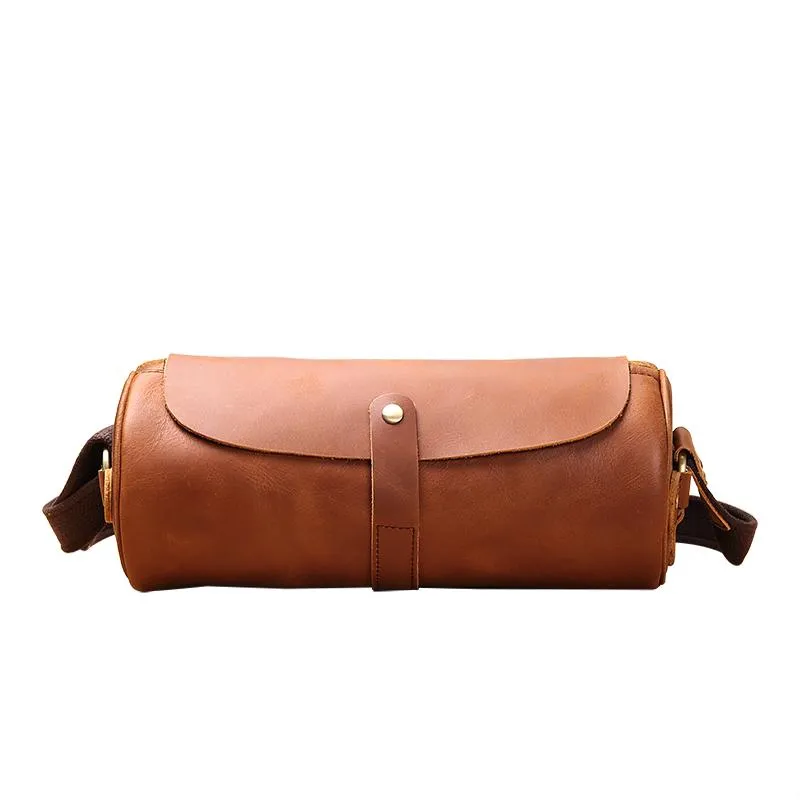 Black Leather Mens Brown Barrel Postman Bag Brown Bucket Messenger Bag Side Bag For Men