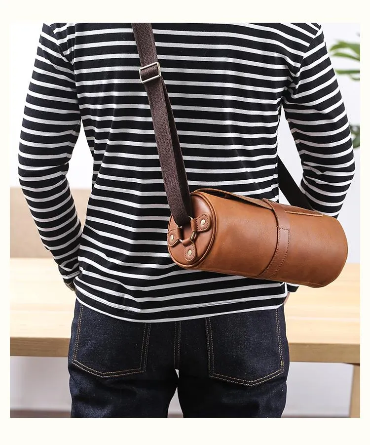 Black Leather Mens Brown Barrel Postman Bag Brown Bucket Messenger Bag Side Bag For Men