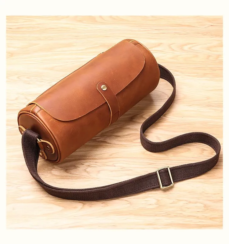 Black Leather Mens Brown Barrel Postman Bag Brown Bucket Messenger Bag Side Bag For Men