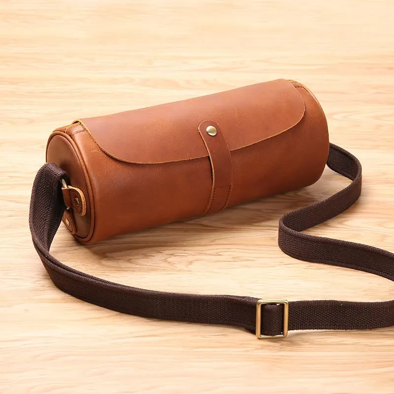 Black Leather Mens Brown Barrel Postman Bag Brown Bucket Messenger Bag Side Bag For Men