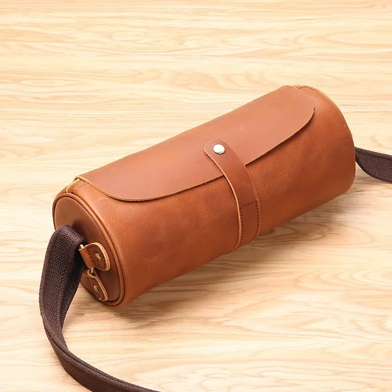 Black Leather Mens Brown Barrel Postman Bag Brown Bucket Messenger Bag Side Bag For Men