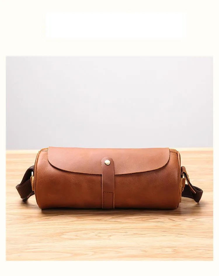 Black Leather Mens Brown Barrel Postman Bag Brown Bucket Messenger Bag Side Bag For Men