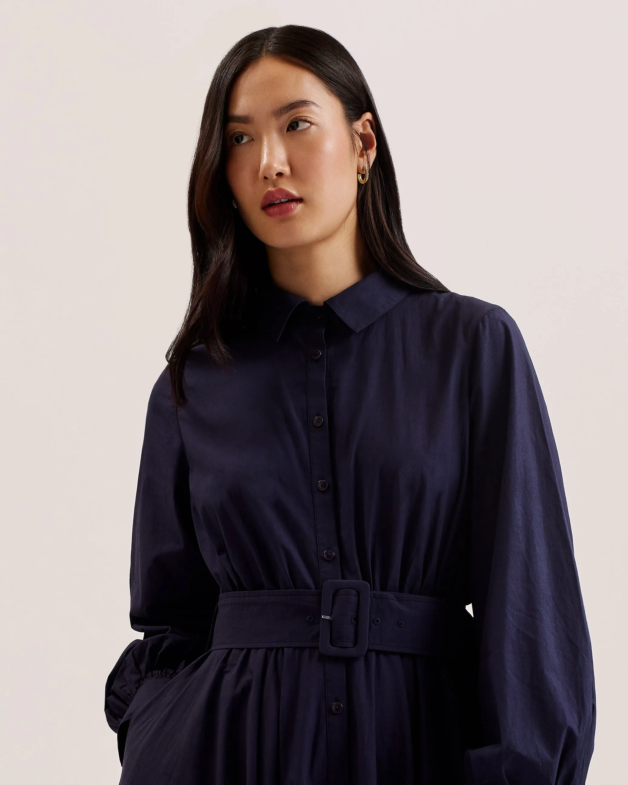 Ene Button Down Maxi Shirt Dress With Belt Navy