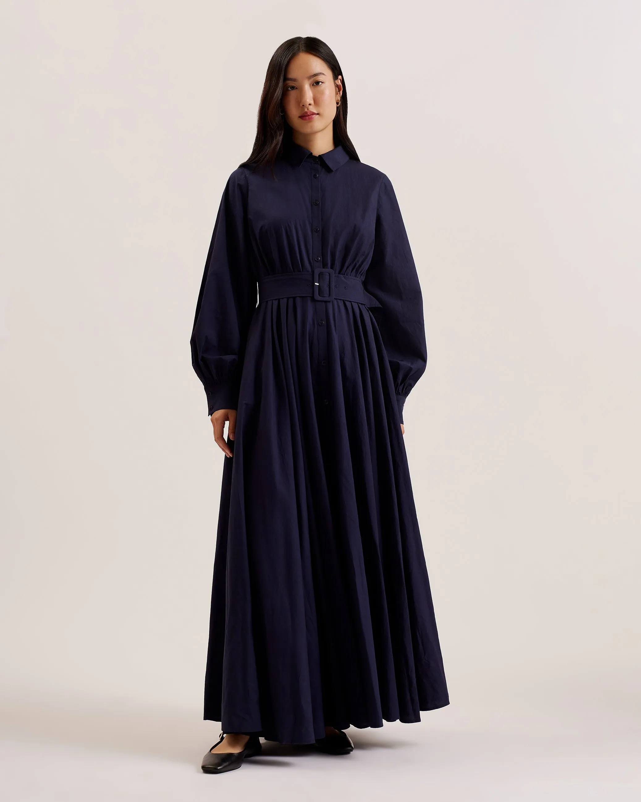 Ene Button Down Maxi Shirt Dress With Belt Navy