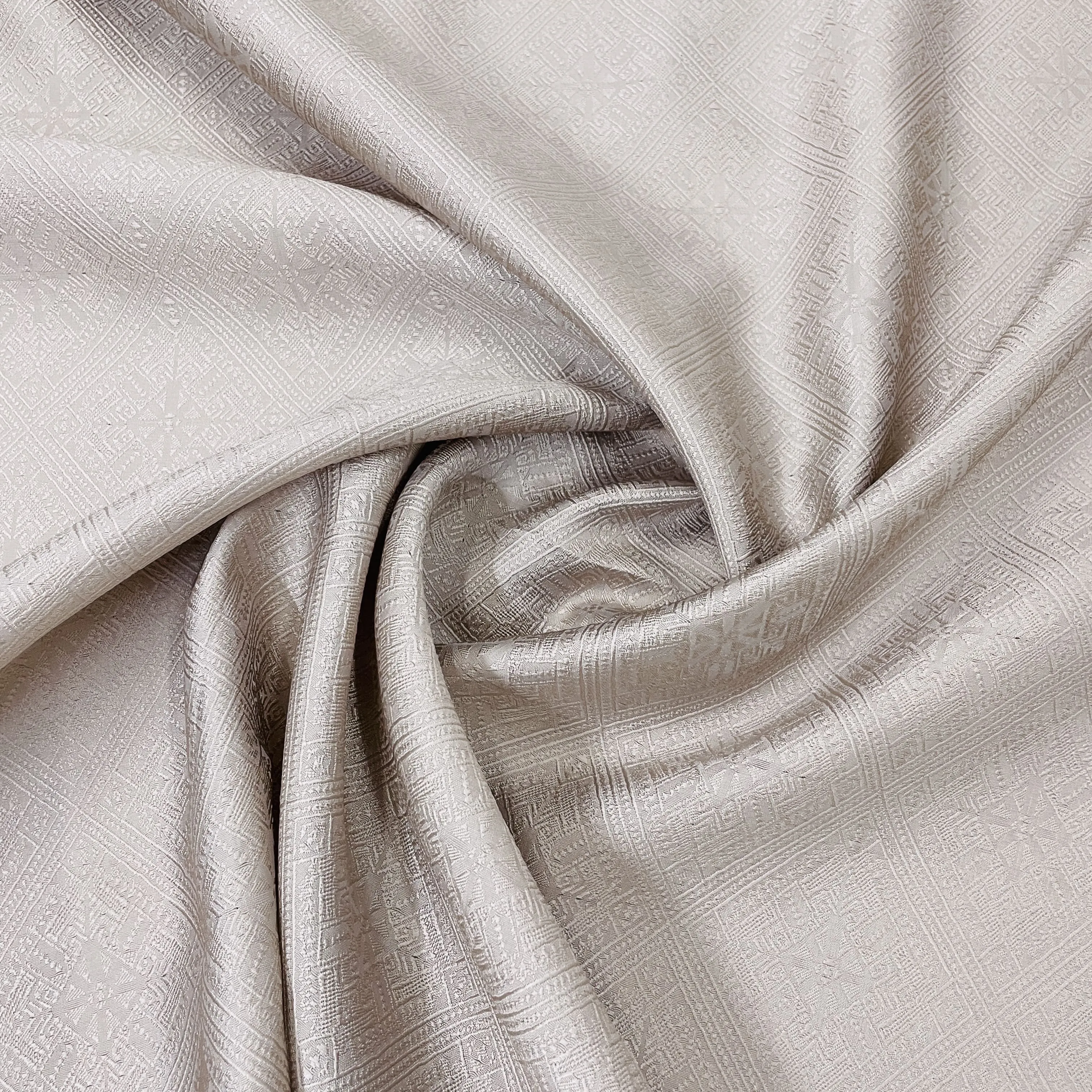 Exclusive Beige Geometrical Embroidery Satin Fabric