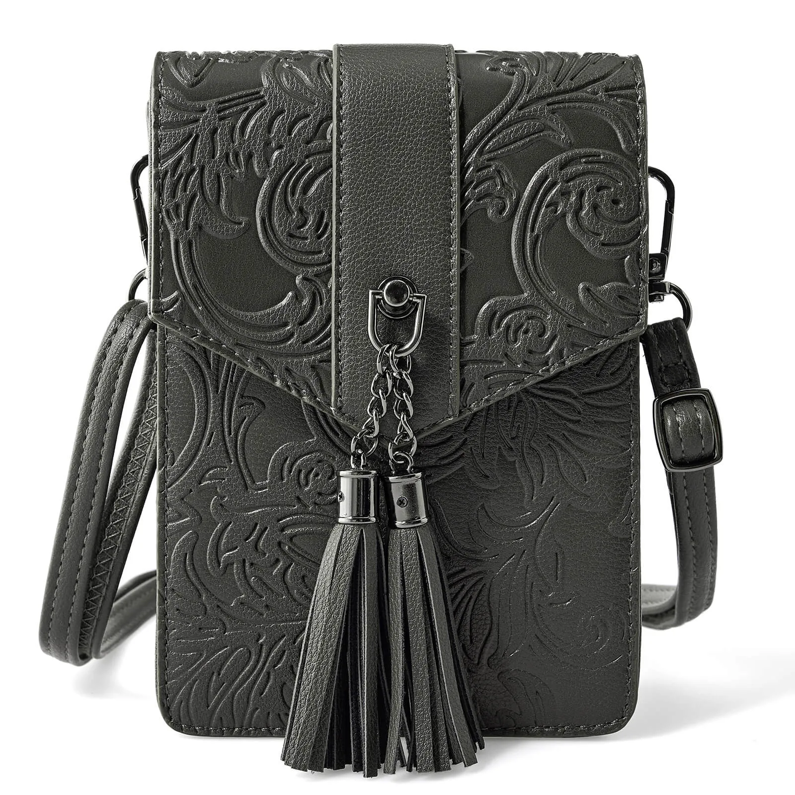 Fringe decorated orchid embossed Shoulder Bag