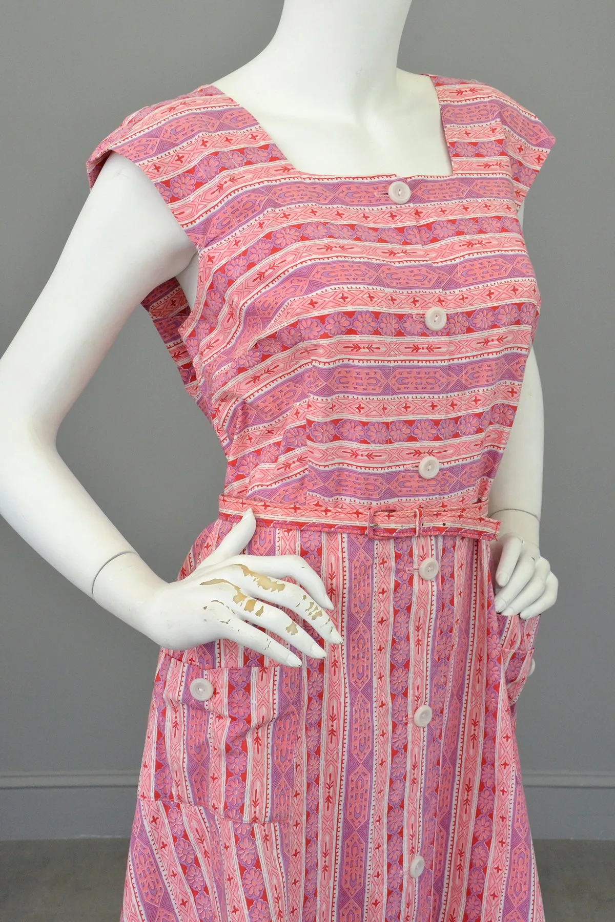 Late 1940s Early 50s Pink Lilac Striped Summer Dress w Pockets, Size L