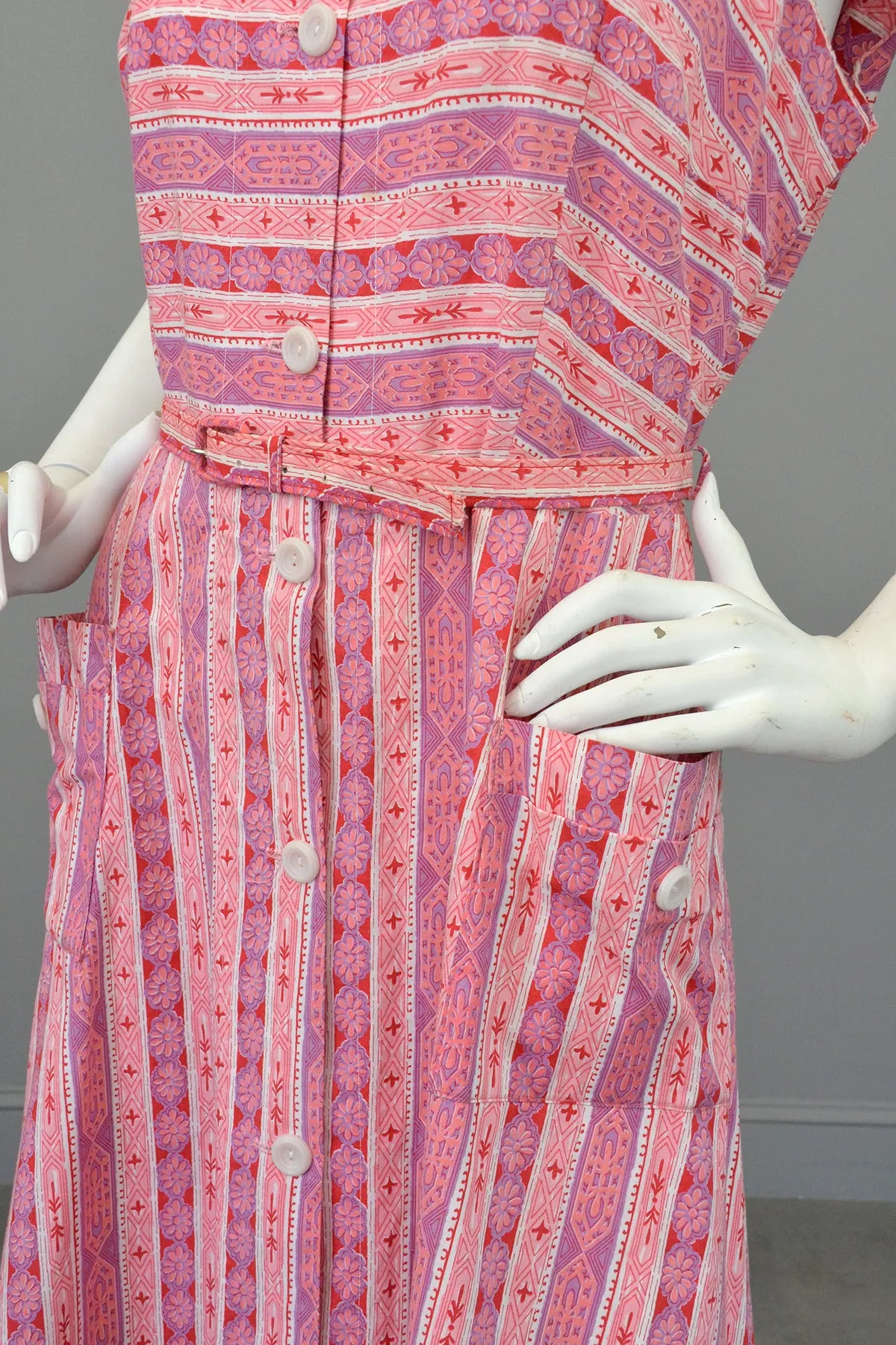 Late 1940s Early 50s Pink Lilac Striped Summer Dress w Pockets, Size L