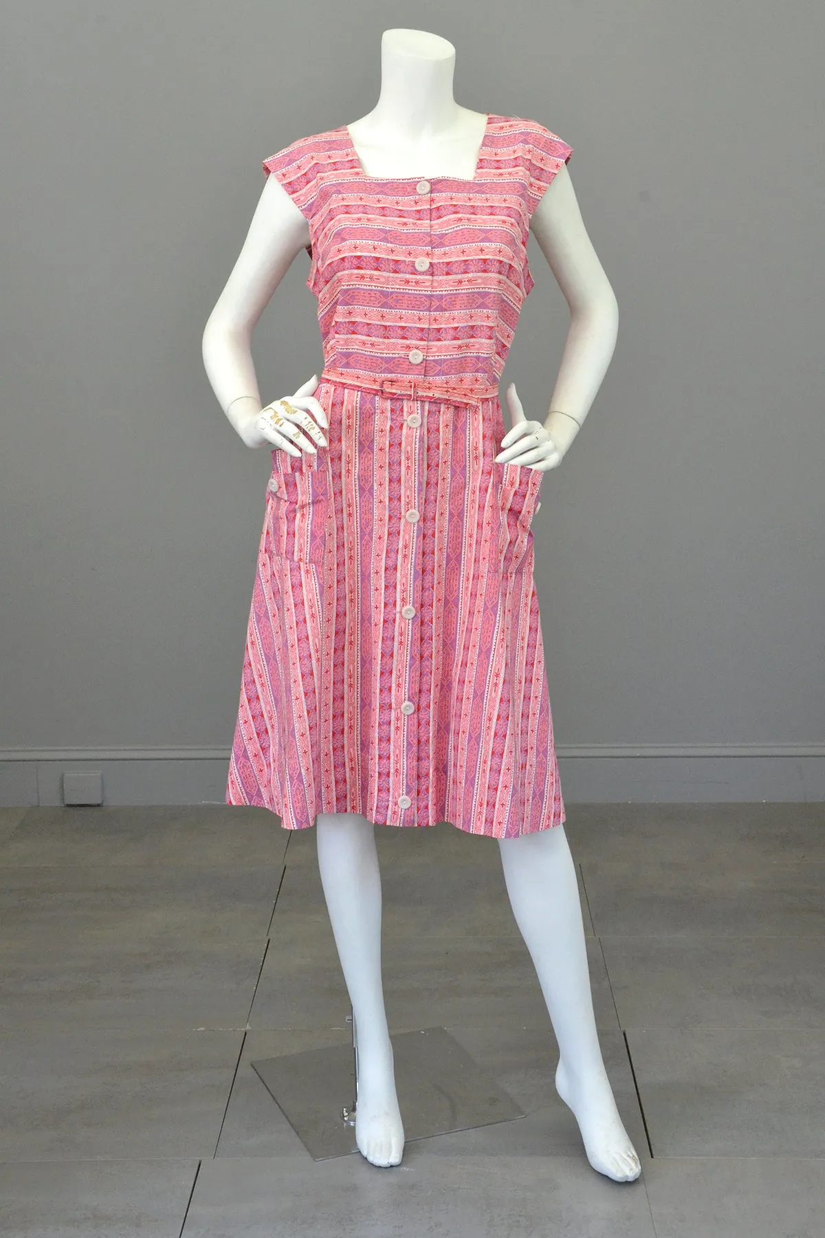 Late 1940s Early 50s Pink Lilac Striped Summer Dress w Pockets, Size L