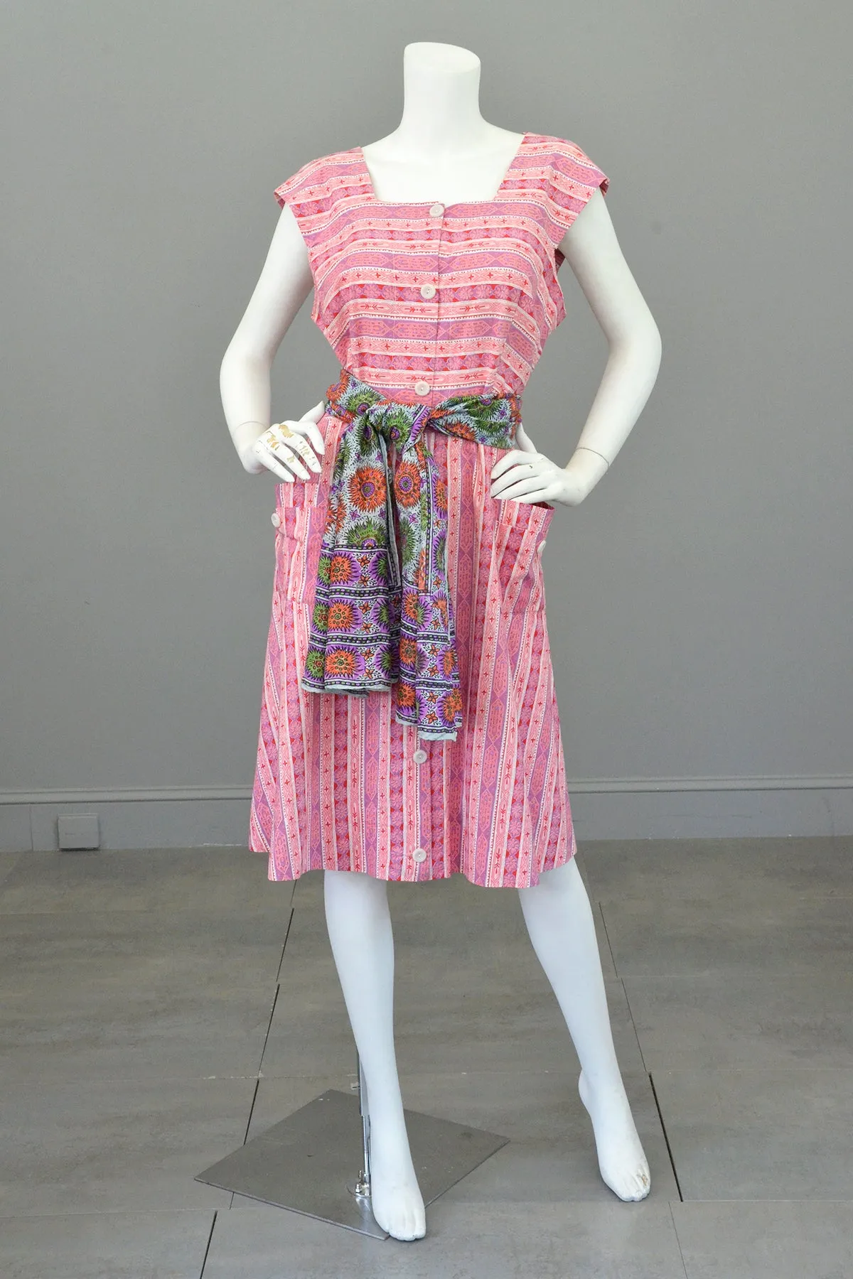 Late 1940s Early 50s Pink Lilac Striped Summer Dress w Pockets, Size L