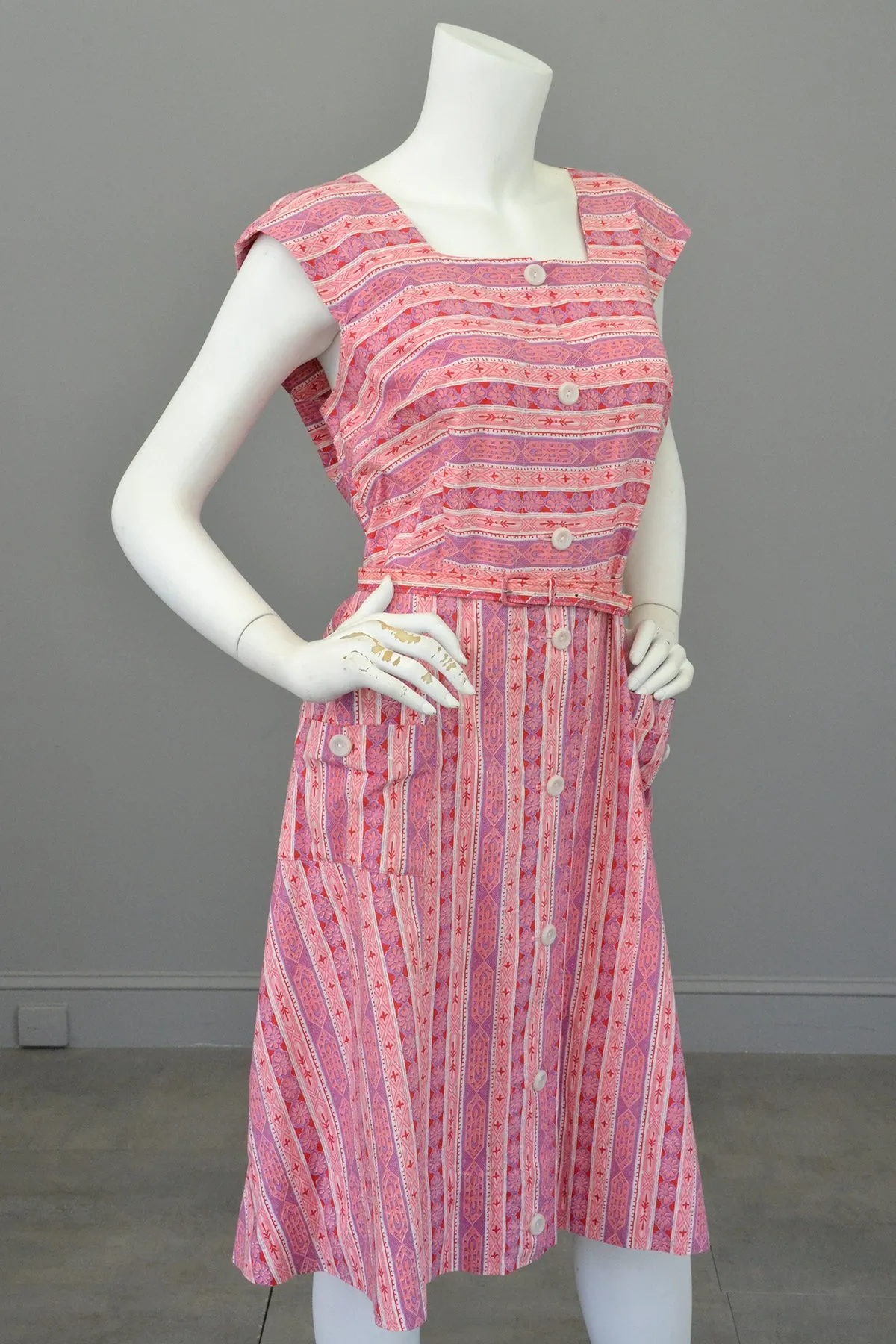 Late 1940s Early 50s Pink Lilac Striped Summer Dress w Pockets, Size L