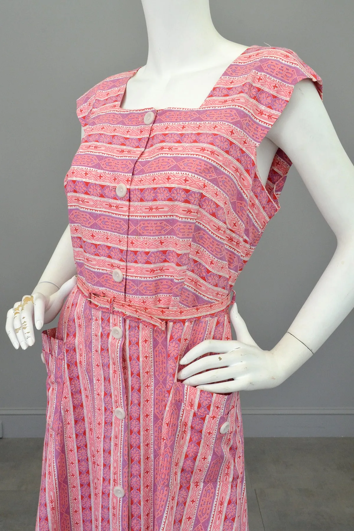 Late 1940s Early 50s Pink Lilac Striped Summer Dress w Pockets, Size L