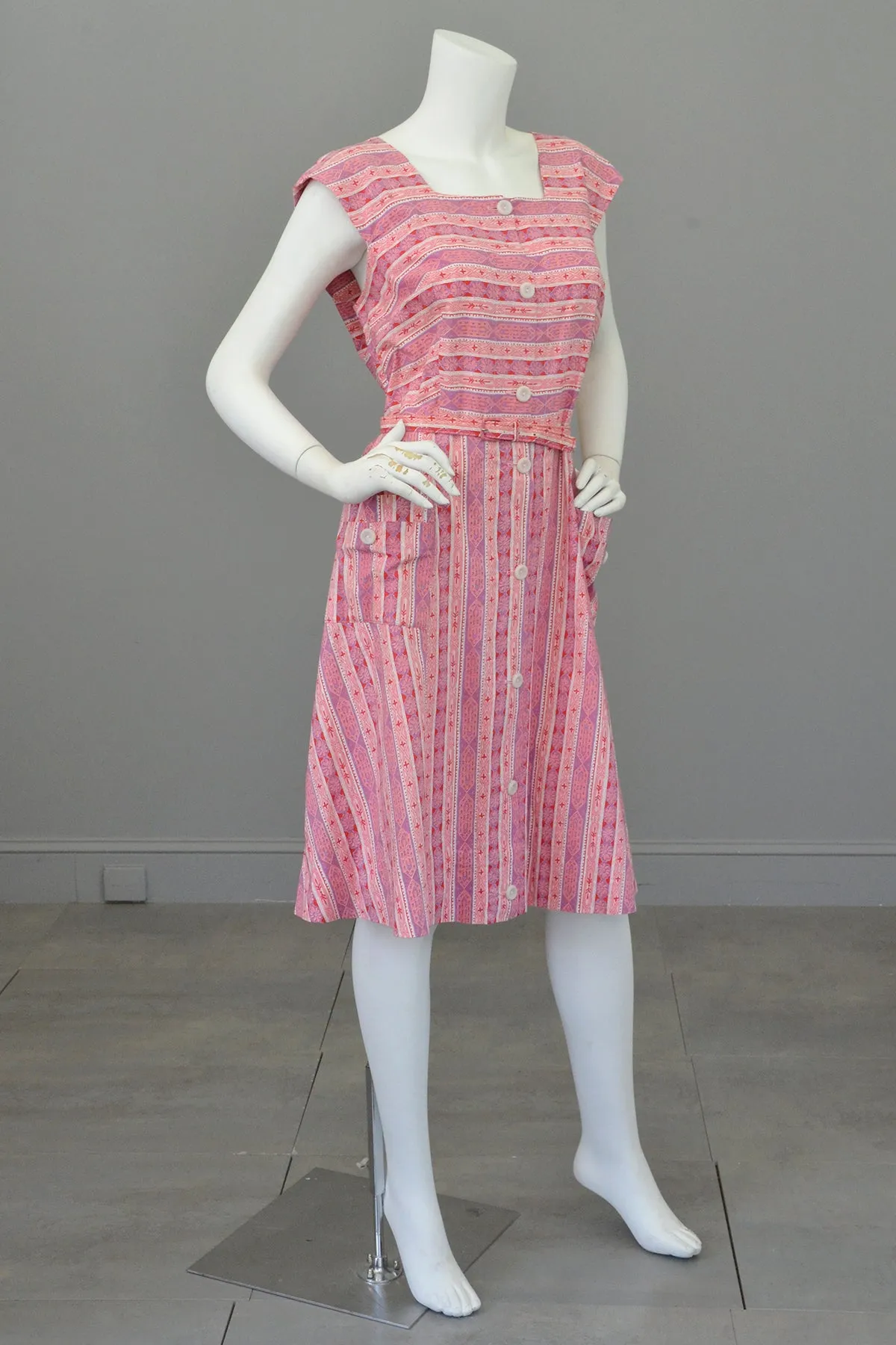 Late 1940s Early 50s Pink Lilac Striped Summer Dress w Pockets, Size L