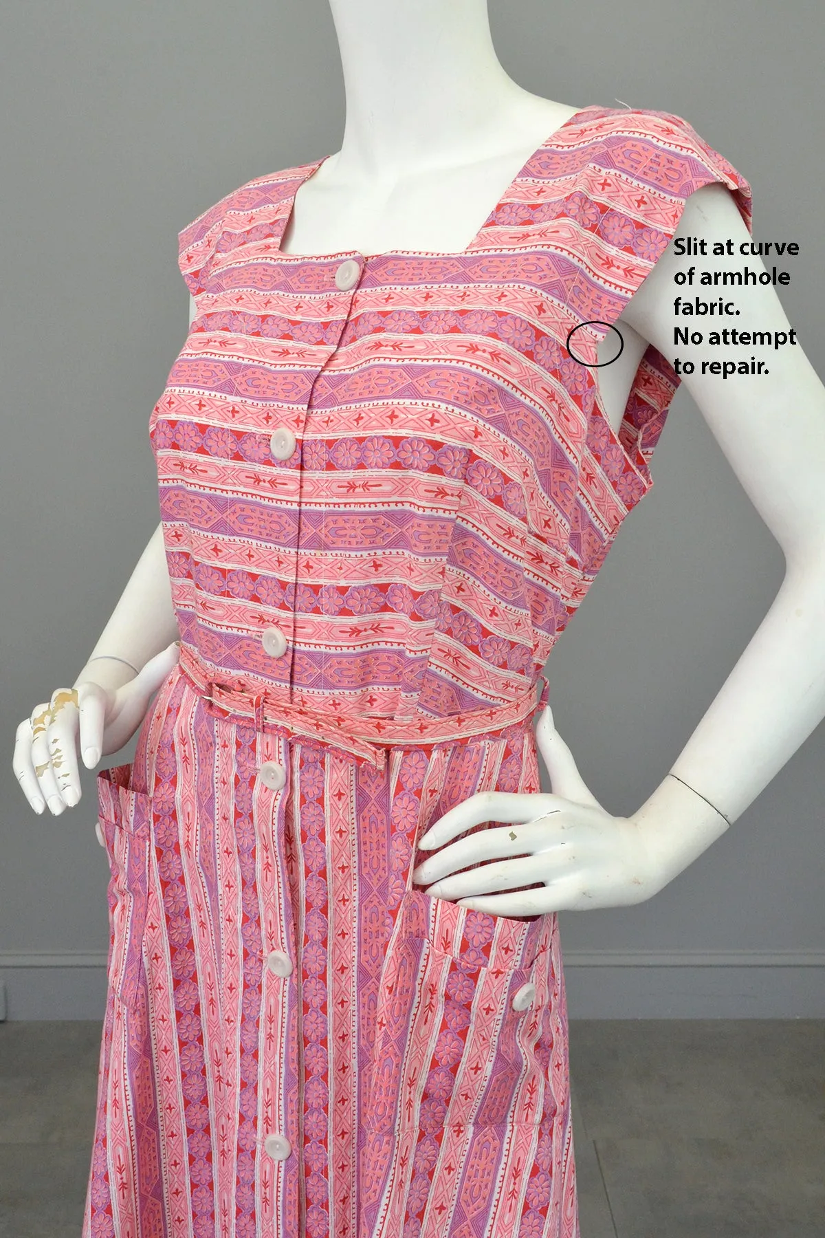 Late 1940s Early 50s Pink Lilac Striped Summer Dress w Pockets, Size L