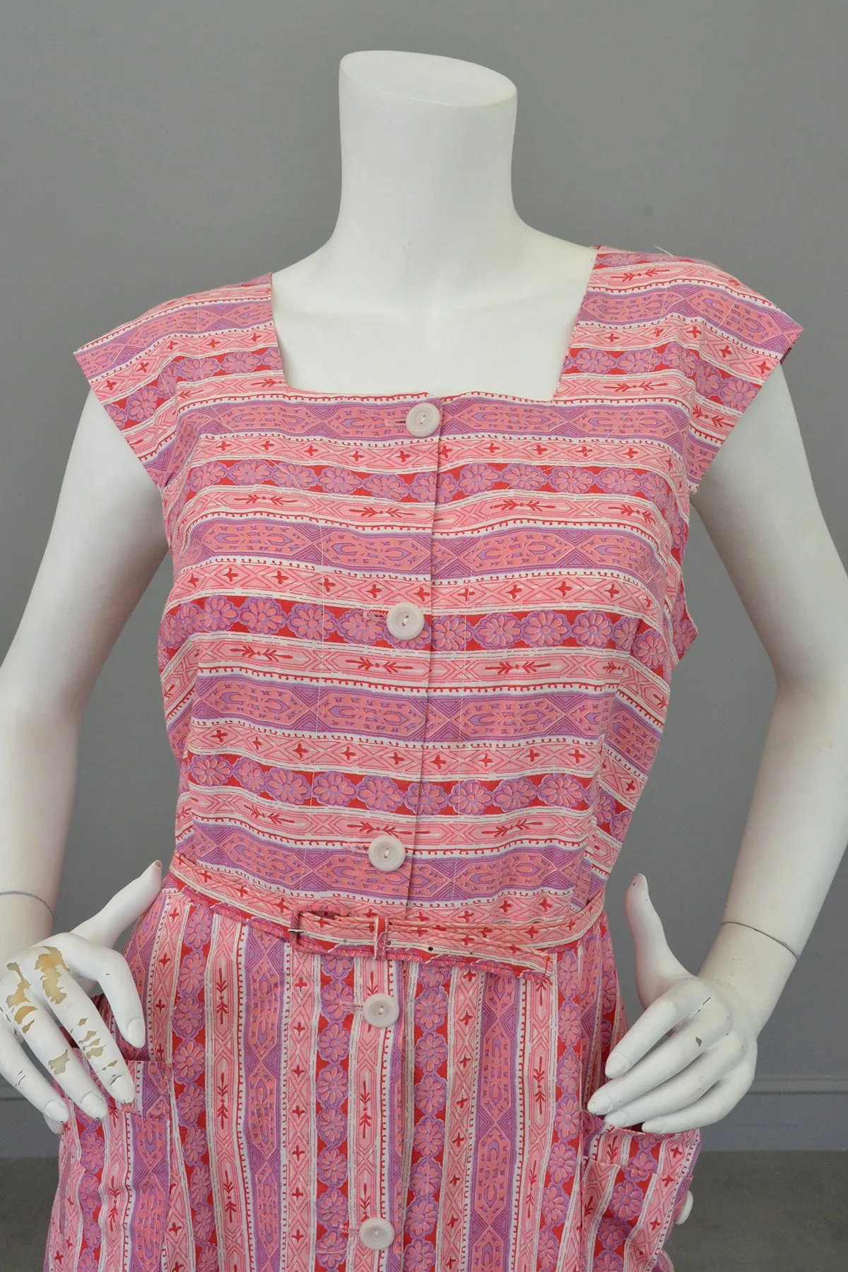 Late 1940s Early 50s Pink Lilac Striped Summer Dress w Pockets, Size L