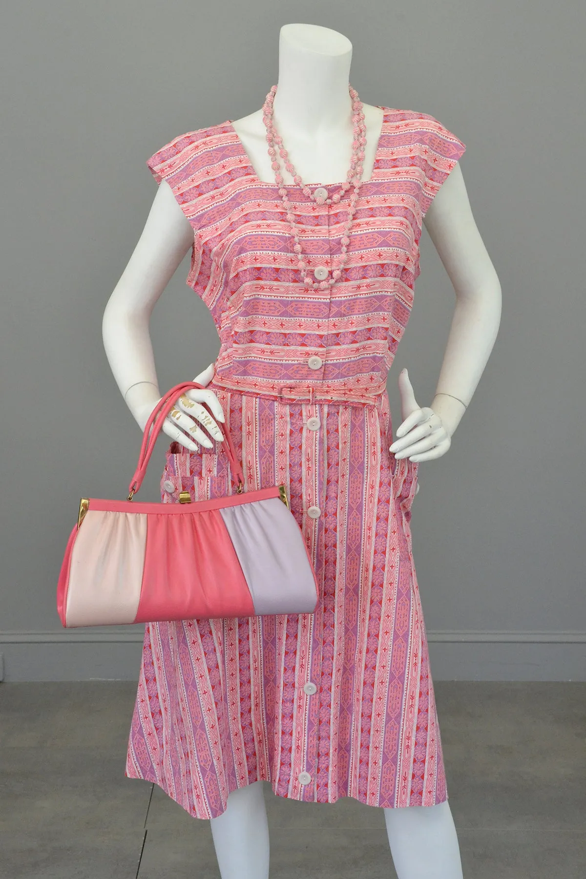 Late 1940s Early 50s Pink Lilac Striped Summer Dress w Pockets, Size L