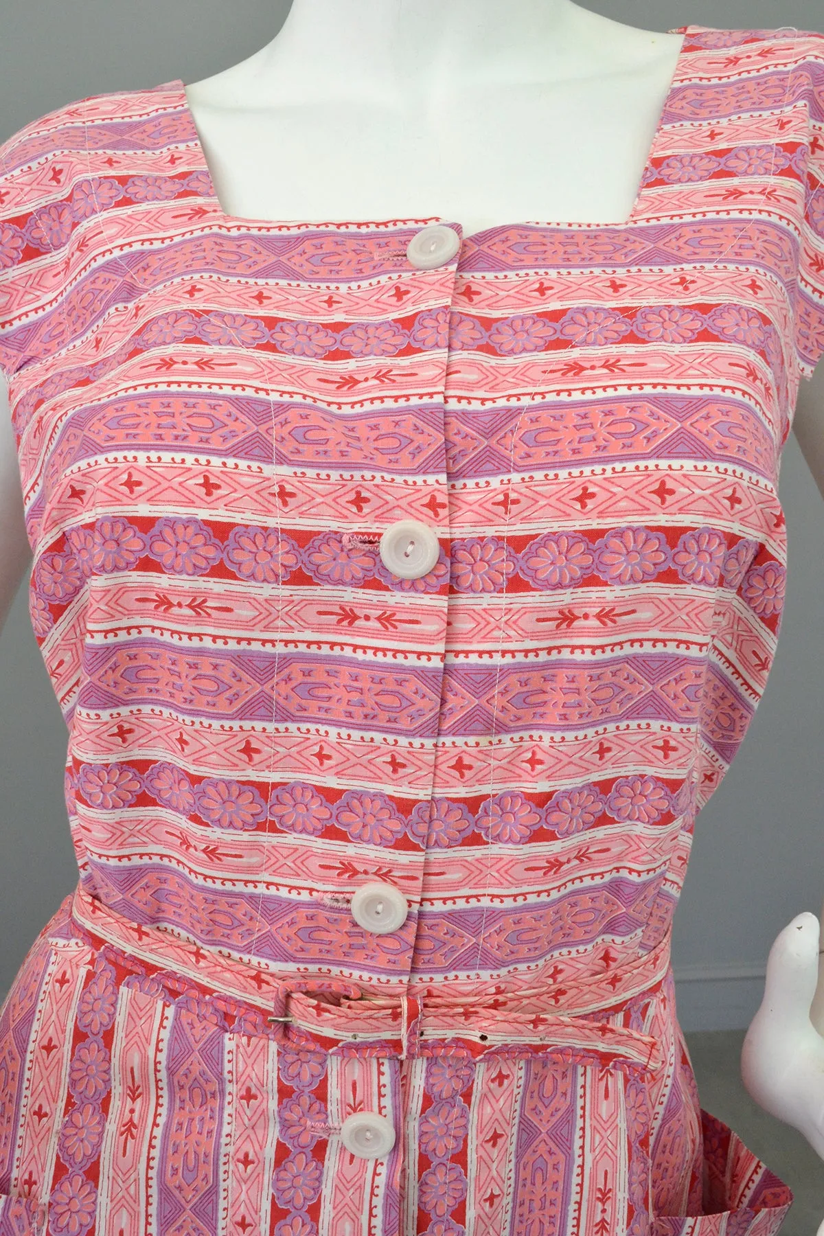 Late 1940s Early 50s Pink Lilac Striped Summer Dress w Pockets, Size L