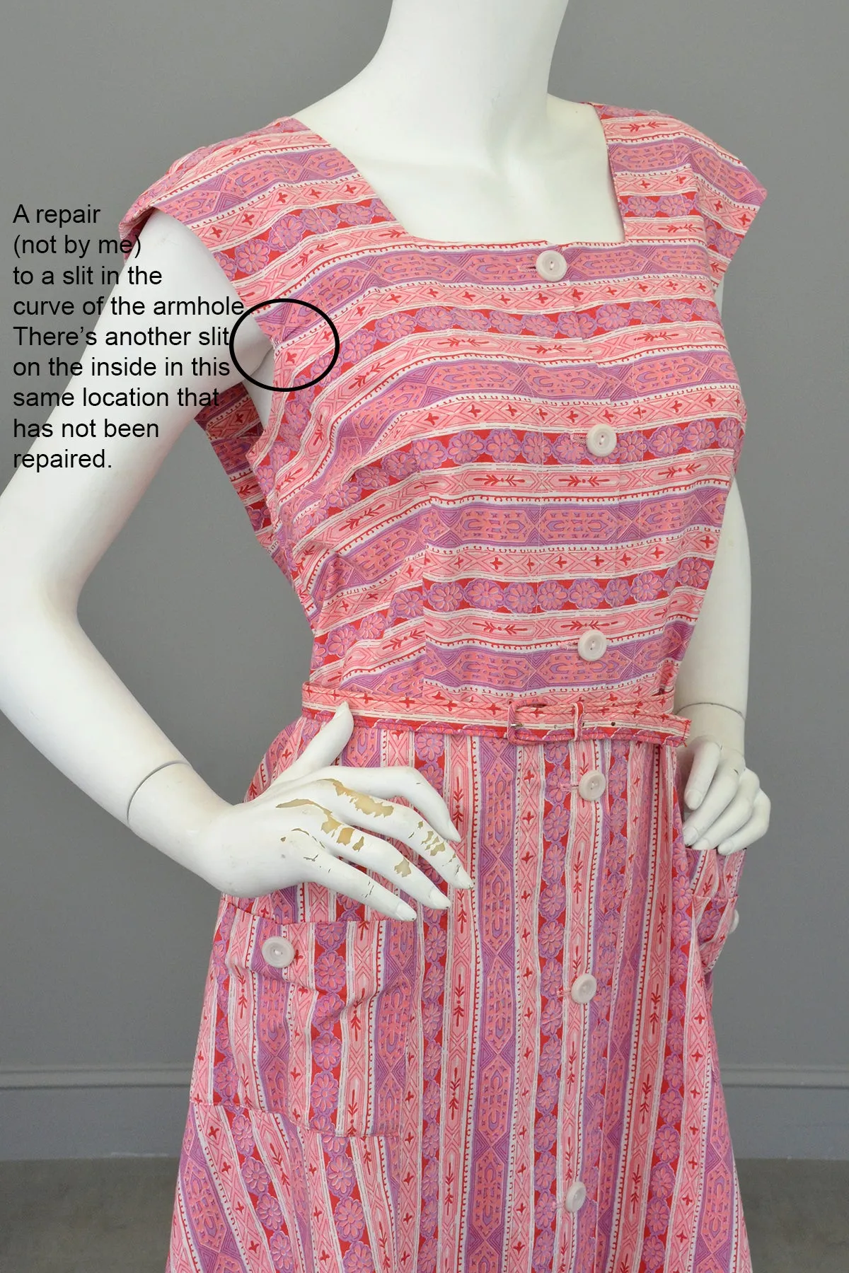 Late 1940s Early 50s Pink Lilac Striped Summer Dress w Pockets, Size L