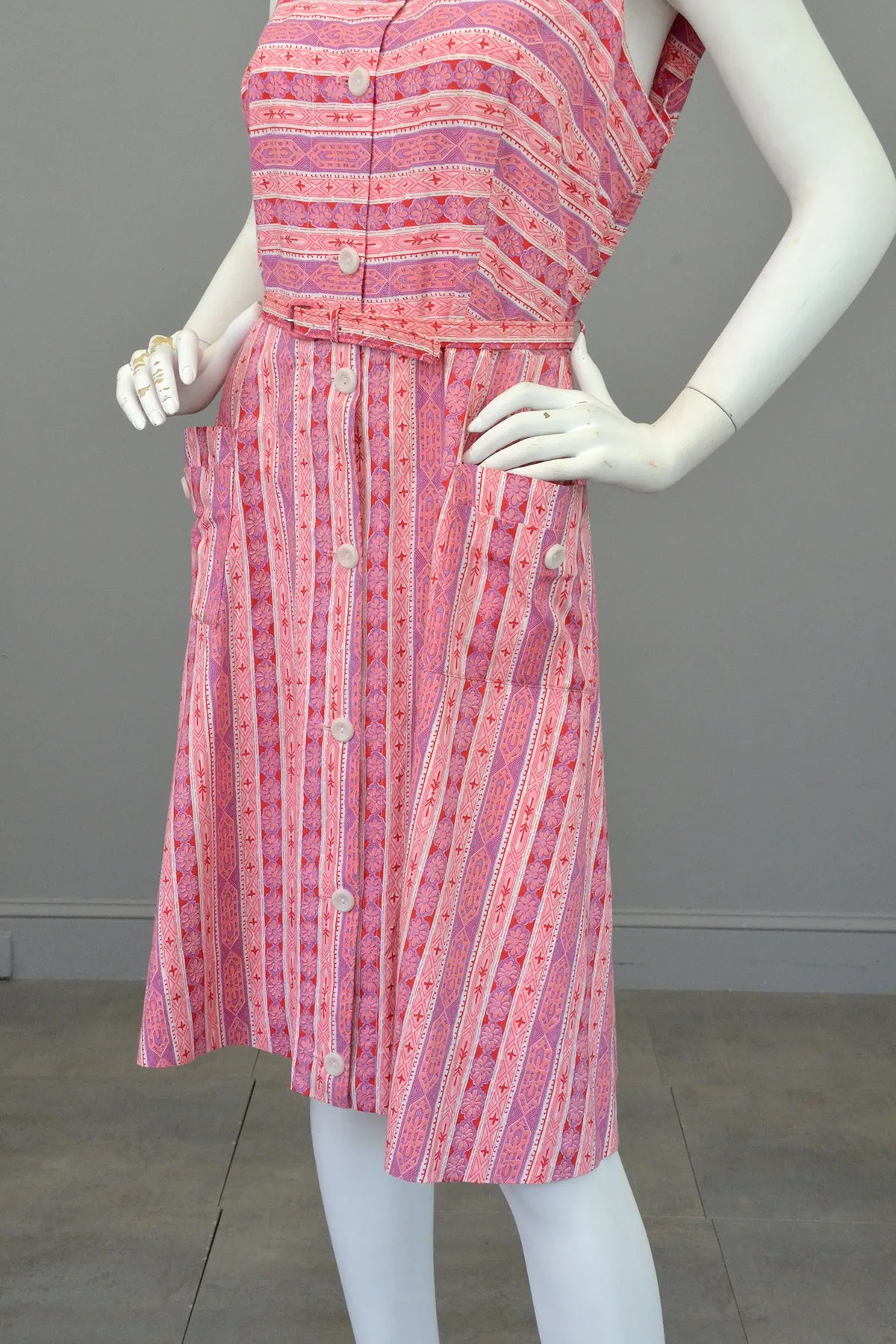 Late 1940s Early 50s Pink Lilac Striped Summer Dress w Pockets, Size L