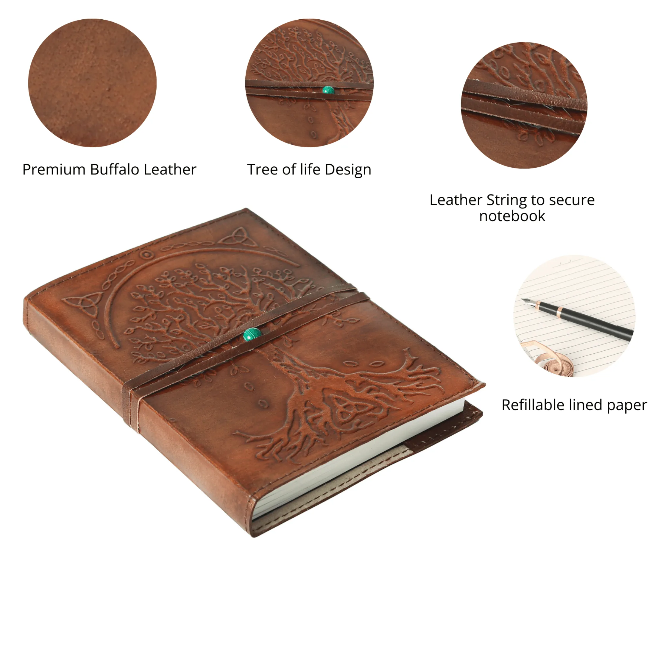 Leather Journal Refillable Lined Paper Tree of Life Handmade Leather Journal/Writing Notebook Diary/Daily Notepad for Men & Women Medium (7x5 brown)