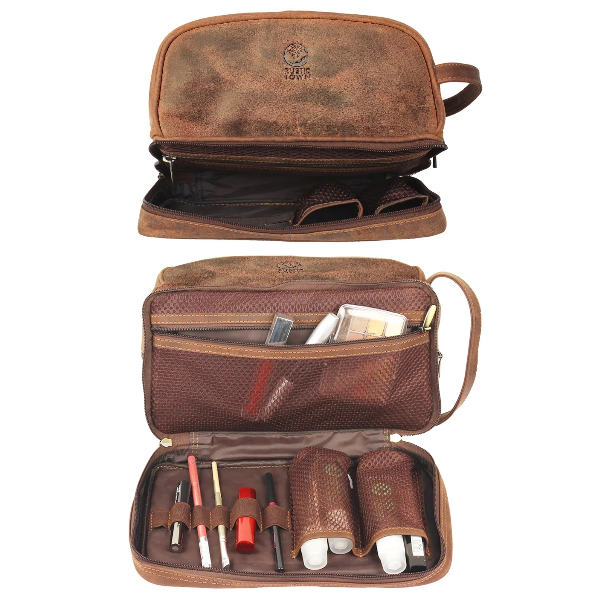 Nancy Leather Travel Makeup Bag (Brown)