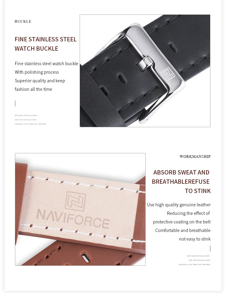 NAVIFORCE Genuine Leather Watch Band 23mm Brown Men Watchband Strap Watch Accessories Waterproof With Buckle G02