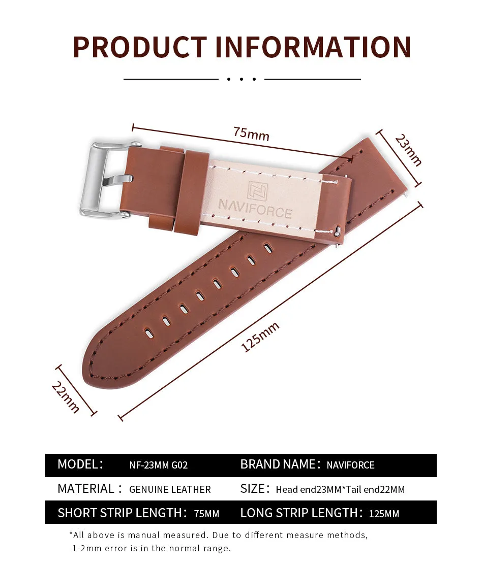 NAVIFORCE Genuine Leather Watch Band 23mm Brown Men Watchband Strap Watch Accessories Waterproof With Buckle G02