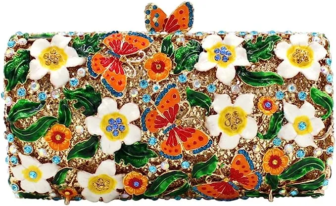 Off White Floral Rhinestone Evening Bag