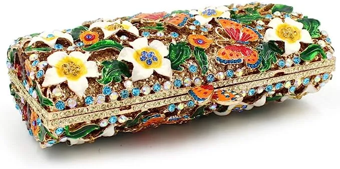 Off White Floral Rhinestone Evening Bag