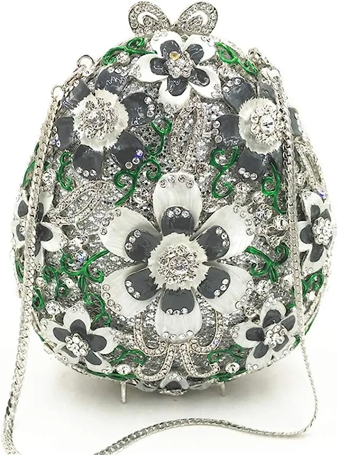 Oval Grey Floral Rhinestone Evening Bag